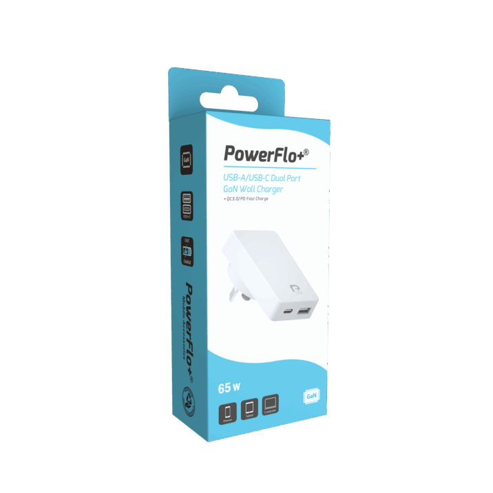 Powerflo USB-A / USB-C 65w Dual Port GaN Wall Charger +QC3.0 / PD
