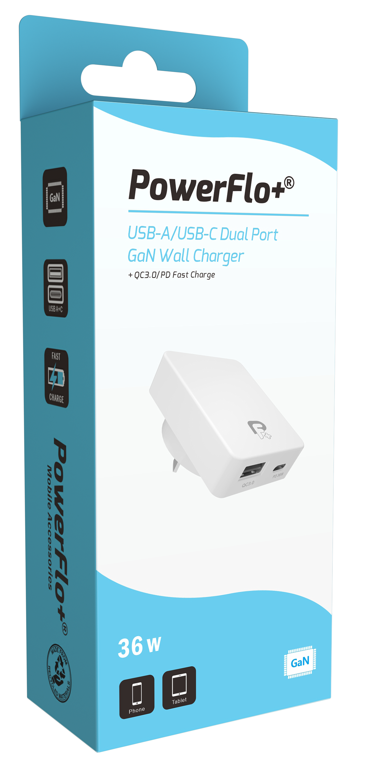 Powerflo Dual Port Wall Charger – USB AUSB-C 36w QC 3.0+PD